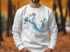White sweatshirt with Lake Fork, Texas map design and compass graphic.