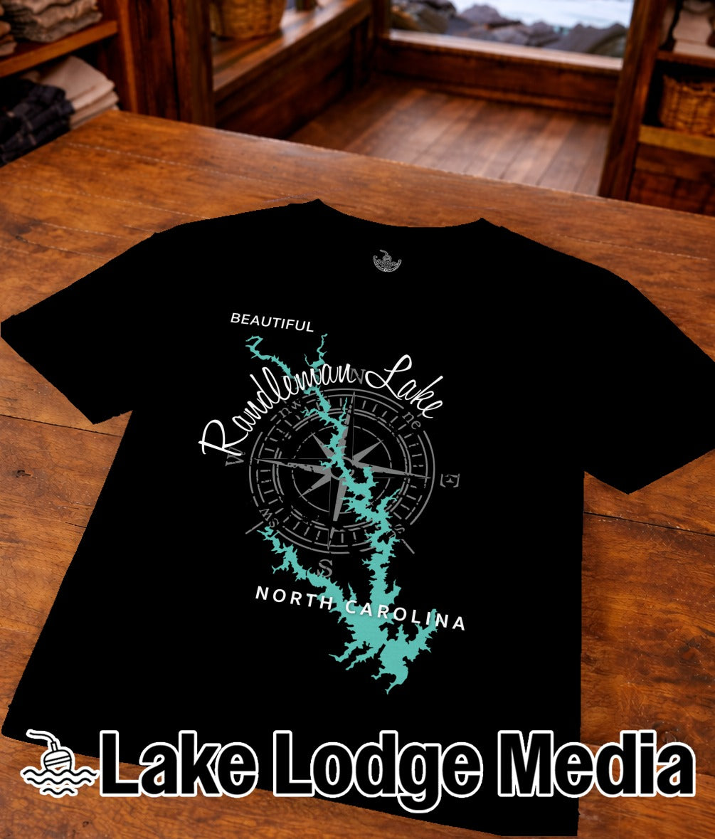 Black t-shirt with a map of North Carolina and compass rose.