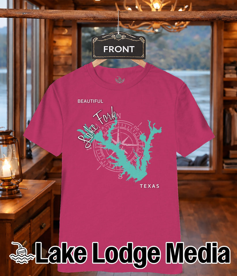 Pink t-shirt with a compass rose and "Lake Fork Texas" map graphic.