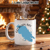 White mug with "Georgian Bay Ontario" and lake map, steaming coffee splash.