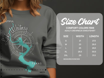 Lake Whitney Texas graphic on gray sweatshirt with size chart.