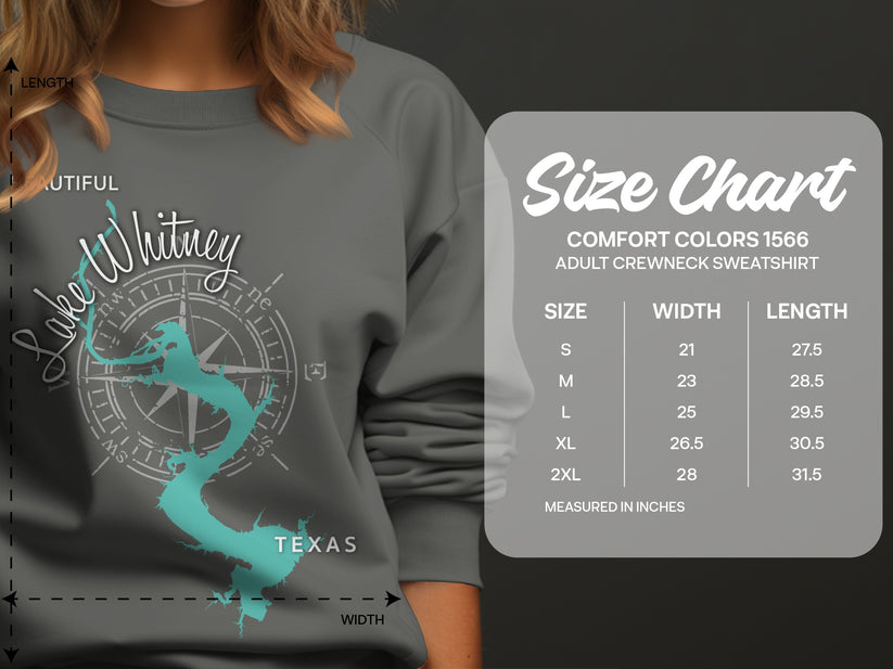 Lake Whitney Texas graphic on gray sweatshirt with size chart.