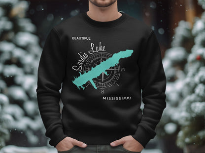 Black sweatshirt with "Sardis Lake Mississippi" map and compass design.