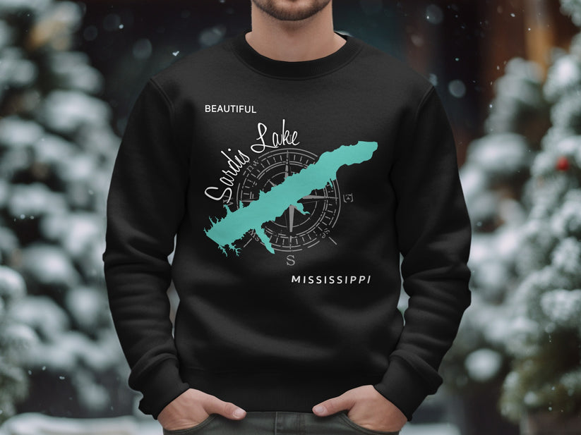 Black sweatshirt with "Sardis Lake Mississippi" map and compass design.