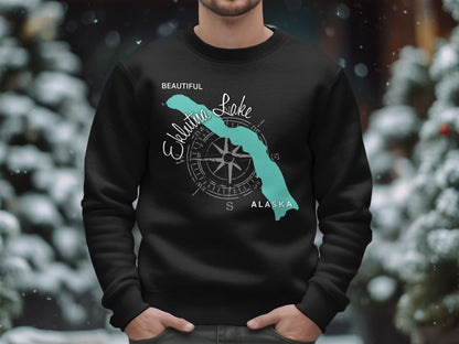 Black sweatshirt featuring a compass rose and outline of Eklutna Lake, Alaska.