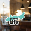 Turquoise abstract shape with text "geneva life" and copyright.