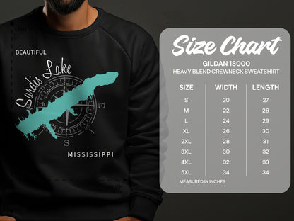 Crewneck sweatshirt size chart for Gildan 18000 heavy blend with lake graphic.