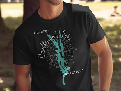 Black t-shirt with "Beautiful Candlewood Lake Connecticut" and compass design.