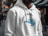 White hoodie featuring map of Lake Rampart, Colorado with compass rose design.