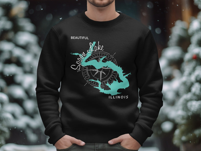 Black sweatshirt with a teal map of Snow Lake, Illinois and compass design.