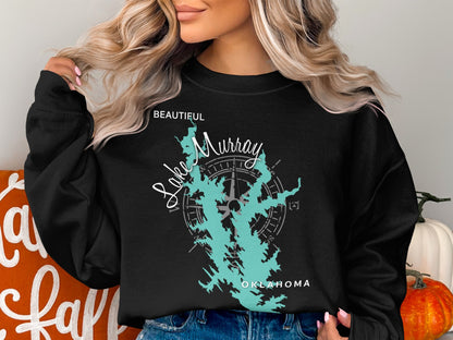 Black sweatshirt with "Lake Murray Oklahoma" and map graphic.