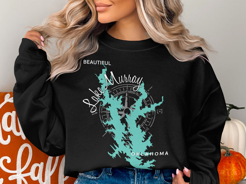 Black sweatshirt with "Lake Murray Oklahoma" and map graphic.