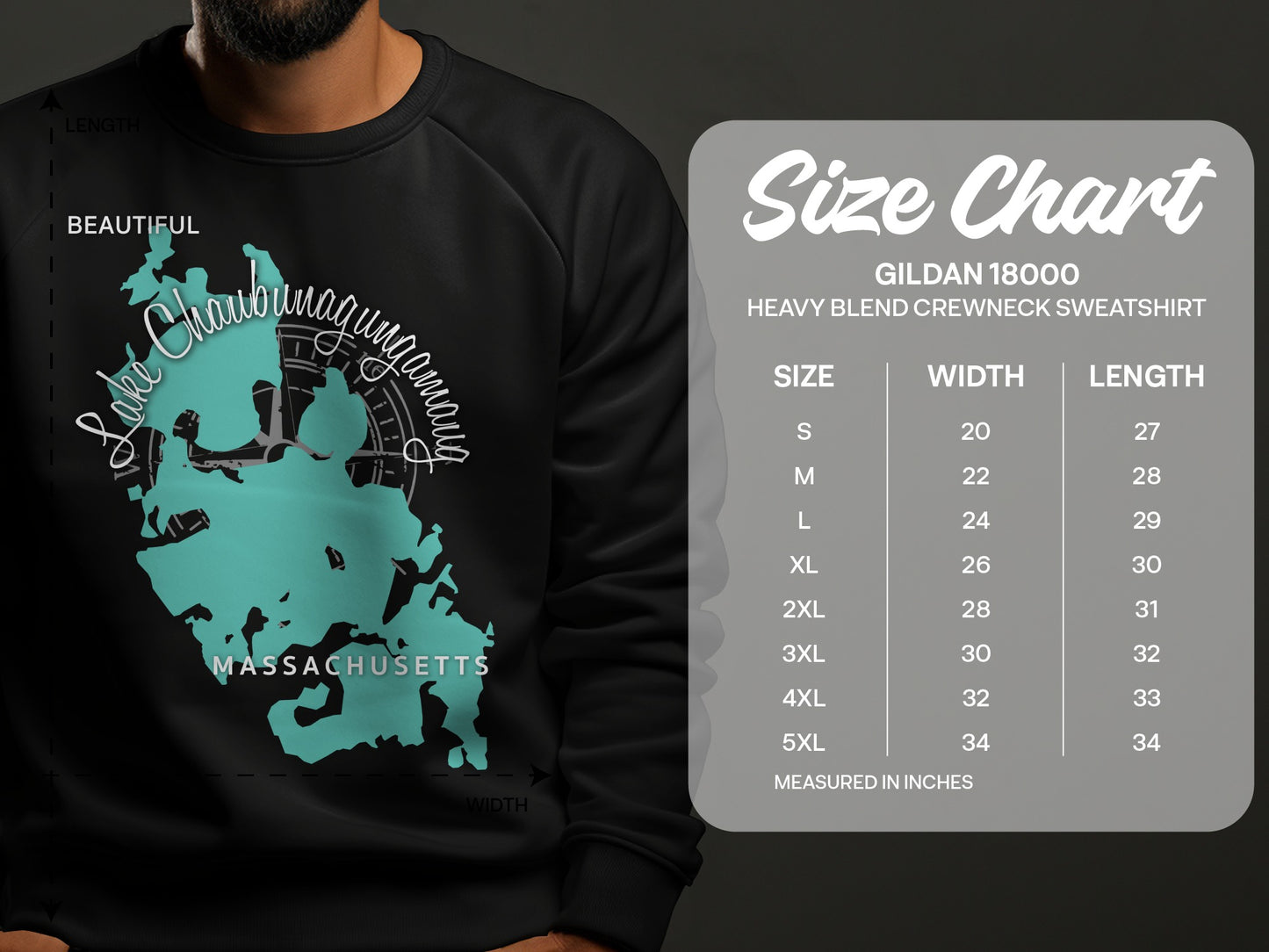 Crewneck sweatshirt size chart with Massachusetts map graphic.