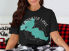 Black t-shirt with teal Clearwater Lake, Minnesota graphic and compass rose.