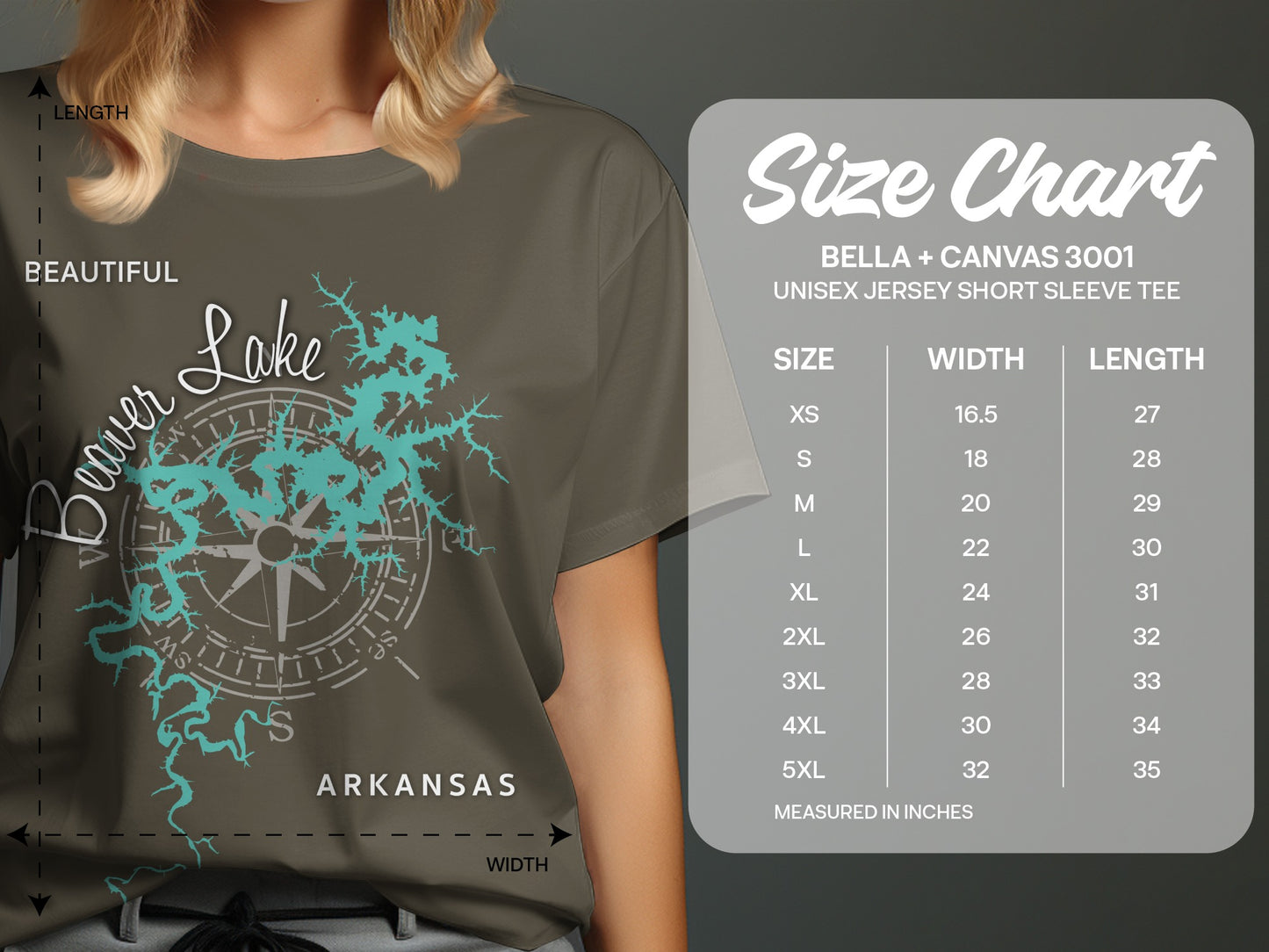 T-shirt size chart showing measurements for BELLA + CANVAS 3001 tee.