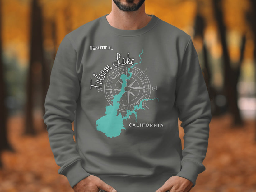 Grey sweatshirt with Folsom Lake map and compass design.