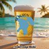 Glass of beer with Lake Huron map and "Lake Lodge Media" logo.