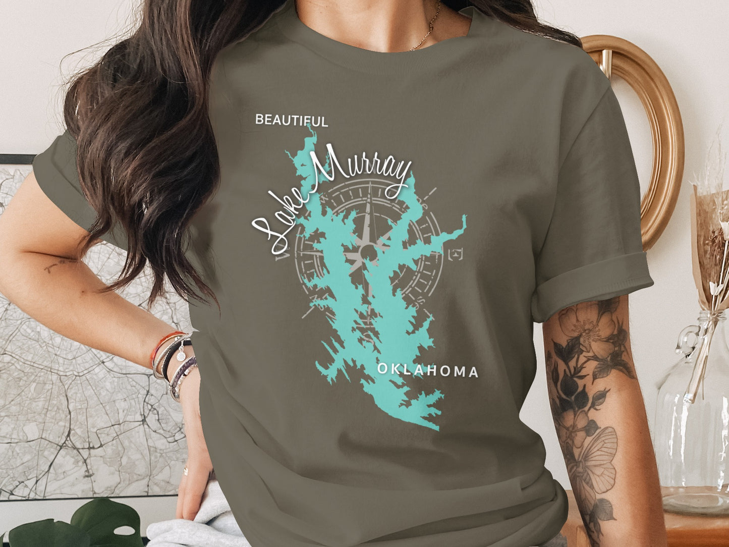 T-shirt with Lake Murray Oklahoma map and compass rose graphic.