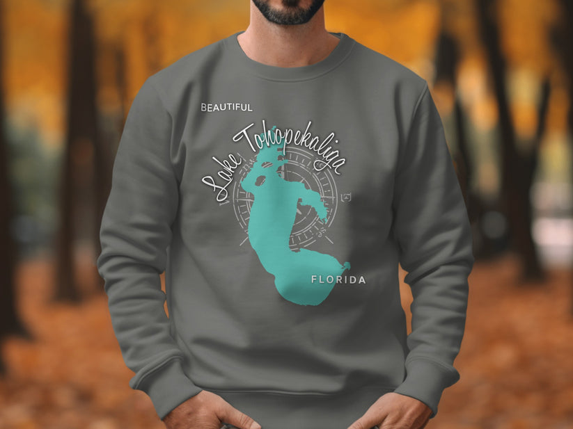 Grey sweatshirt with a teal outline map of Lake Okeechobee, Florida.