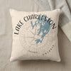 Pillow with Lake Charleston map and compass rose design, "ONTARIO" text.