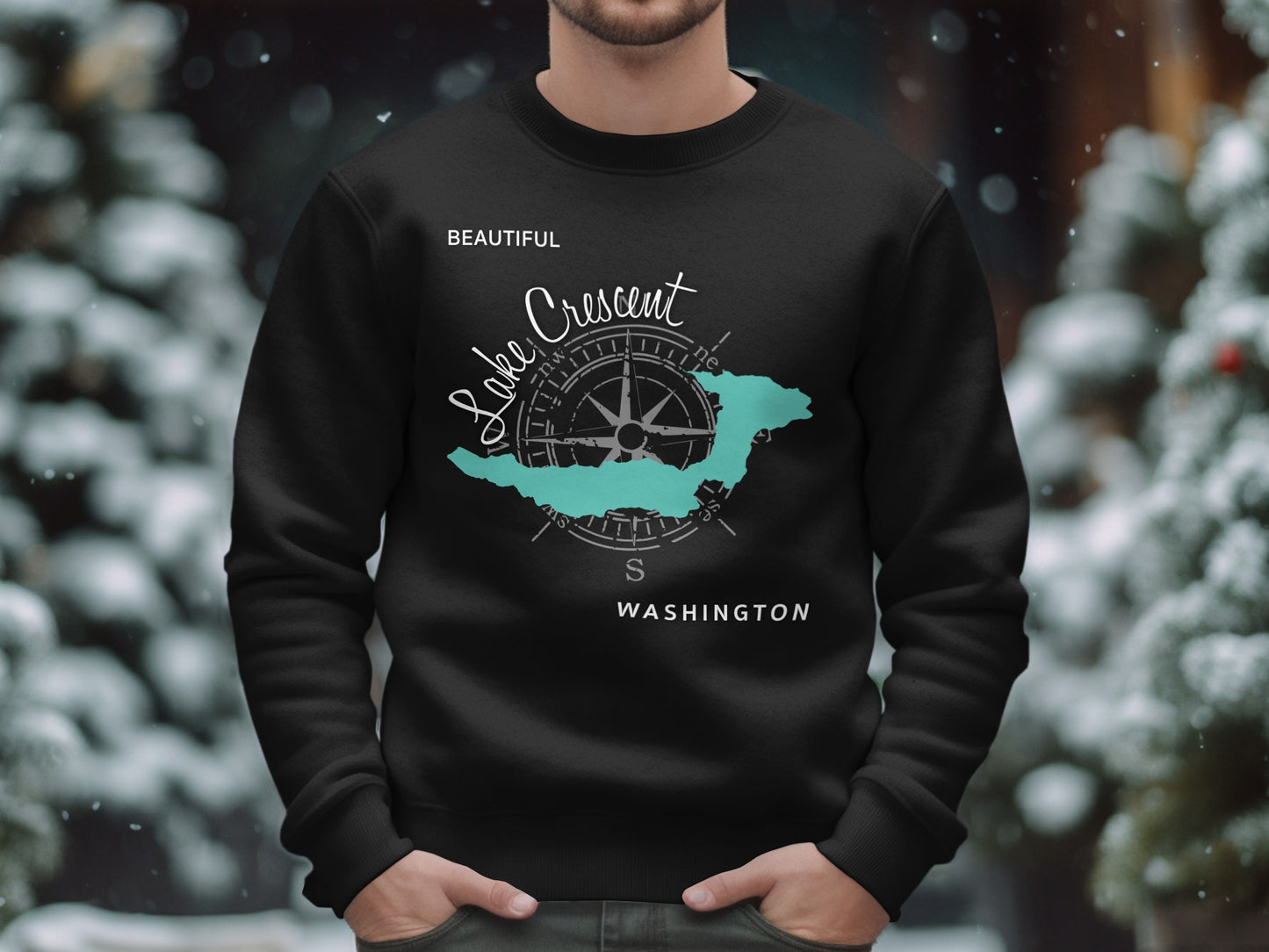 Black sweatshirt with "Beautiful Lake Crescent Washington" and compass rose map graphic.