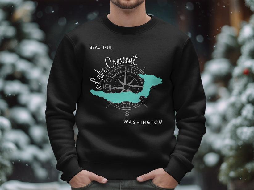 Black sweatshirt with "Beautiful Lake Crescent Washington" and compass rose map graphic.