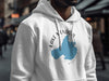 White hoodie featuring a blue Lake Mendota map with compass markings and "Wisconsin" text.