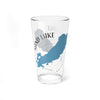 Glass with blue Sand Lake map graphic and compass rose design.