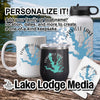 Mug, tumbler, and bottle with Lewisville Lake map design, with personalization text.