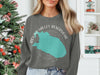 Grey sweatshirt with Round Valley Reservoir map and compass design.