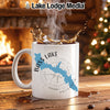 White mug with Bass Lake California map design and splashing coffee.