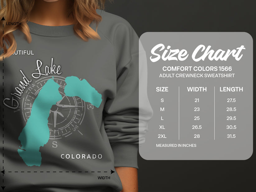 Size chart for Comfort Colors 1566 adult crewneck sweatshirt with measurements.