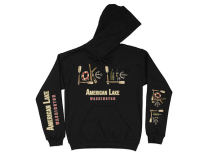 Black hoodie with "American Lake Washington" text and nautical graphic elements.