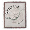 Woven blanket with Apache Lake map design and compass rose graphic.