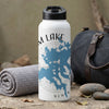 White water bottle with "OAKUM LAKE NEW HAMPSHIRE" lake map design.