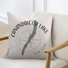 Decorative pillow with Canandaigua Lake map and compass graphic, New York.