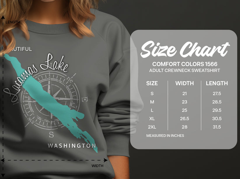 Size chart for Comfort Colors 1566 adult crewneck sweatshirt.