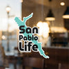 San Pablo Life sticker with text and outline on a teal map shape.