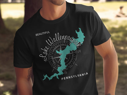 Black t-shirt featuring "Lake Wallenpaupack Pennsylvania" with a compass graphic.