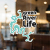 Green River Life text and abstract teal shape sticker on window