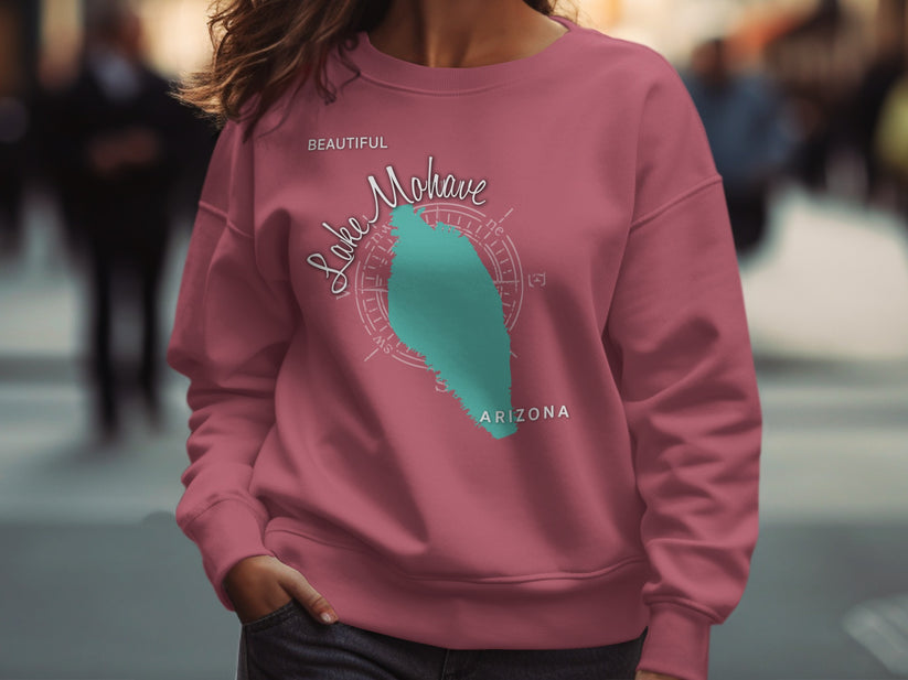 Maroon sweatshirt with Lake Mohave Arizona map design.