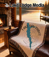 Blanket with Lake San Pablo map and compass design, "Lake Lodge Media" text.