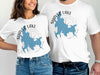 Shaver Lake, California graphic on white t-shirts worn by a woman and man.