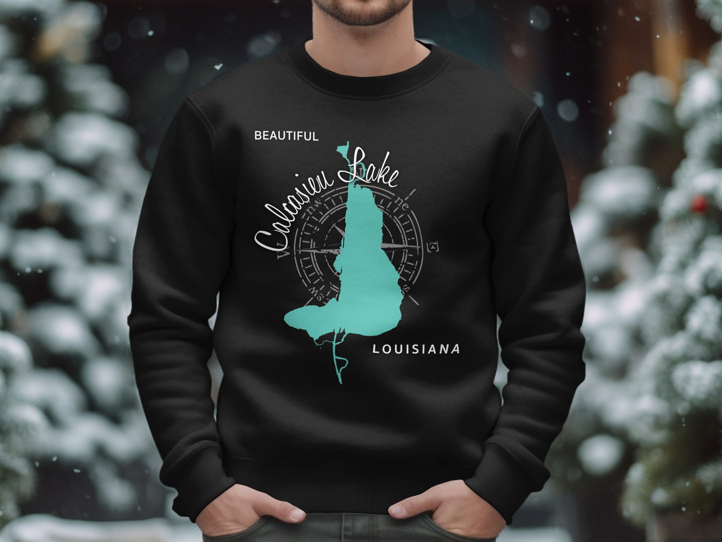 Black sweatshirt with a teal outline of Calcasieu Lake and "Louisiana" text.