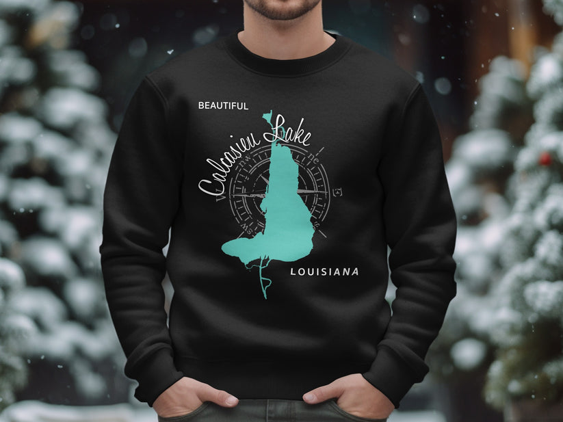 Black sweatshirt with a teal outline of Calcasieu Lake and "Louisiana" text.