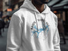White hoodie with Mark Twain Lake Missouri map and compass graphic.