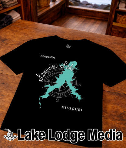 Black t-shirt with "Longview Lake Missouri" map and compass graphic.