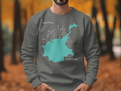 Gray sweatshirt with Timothy Lake, Oregon map and compass graphic.