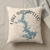Cream pillow with blue Lake Wappapello map and compass design.