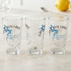 Three clear pint glasses featuring a blue map of Cave Run Lake, Kentucky, over a compass rose.